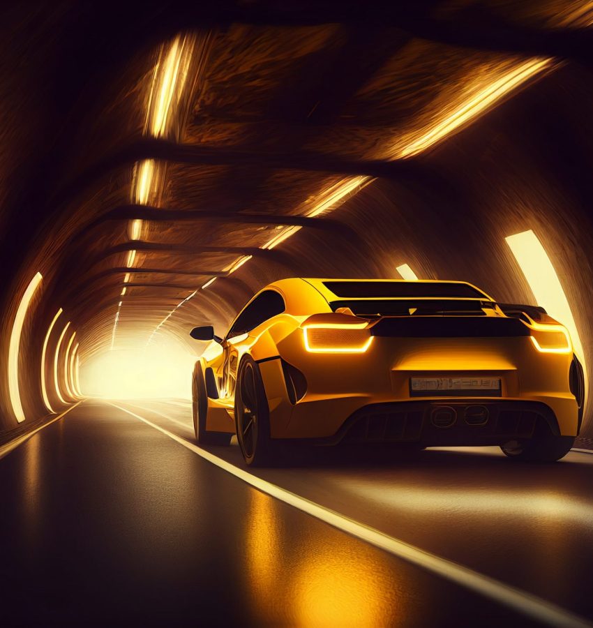 AI Generative Drives a Modern Electric Car Through a Tunnel with Yellow Light