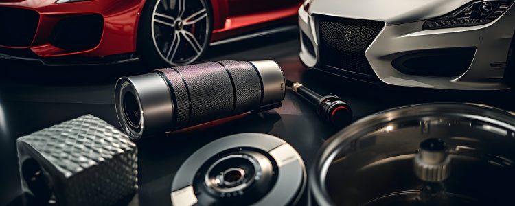 Automotive accessories showcased in a dynamic composition